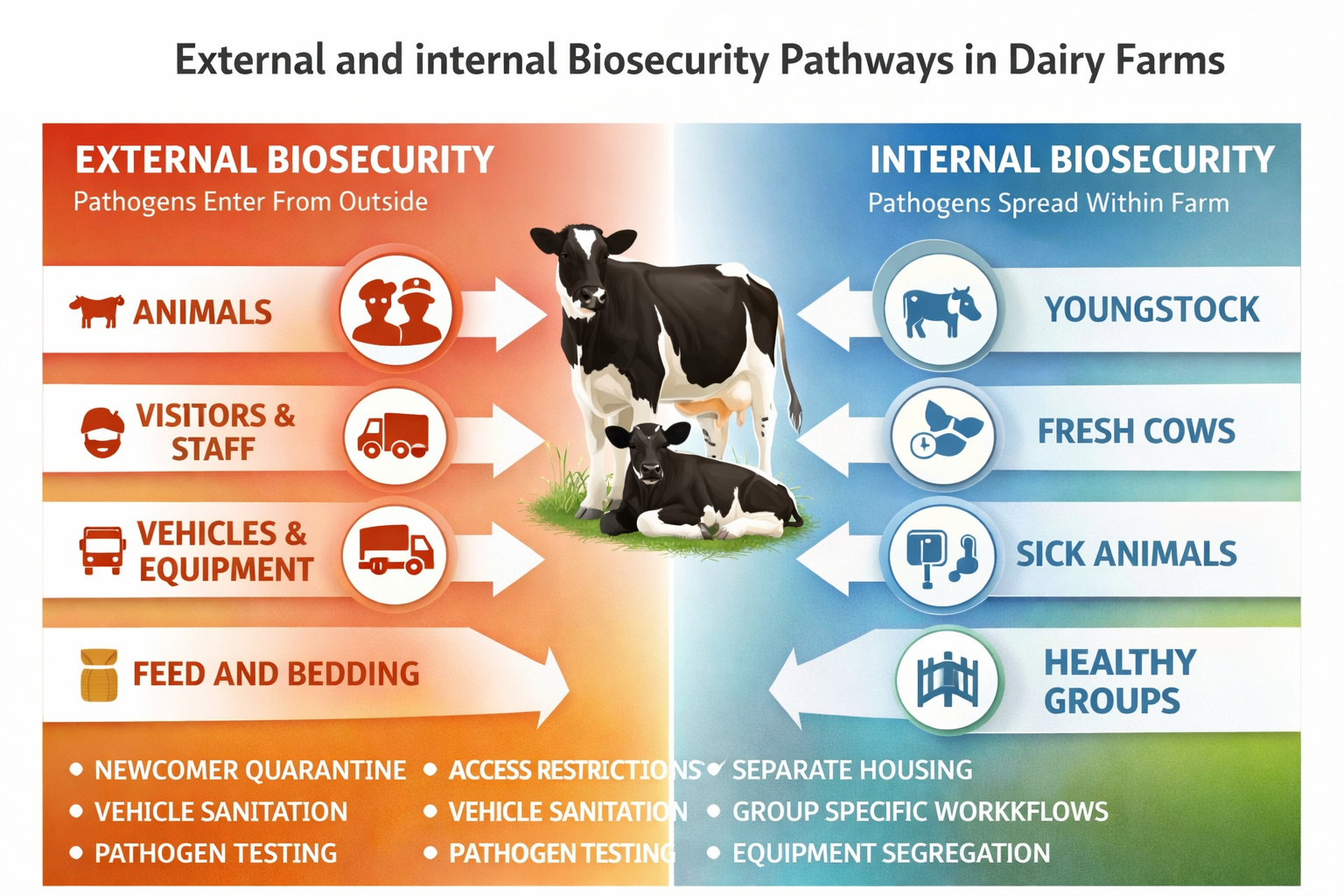 External and Internal Biosecurity Pathways in Dairy Farms