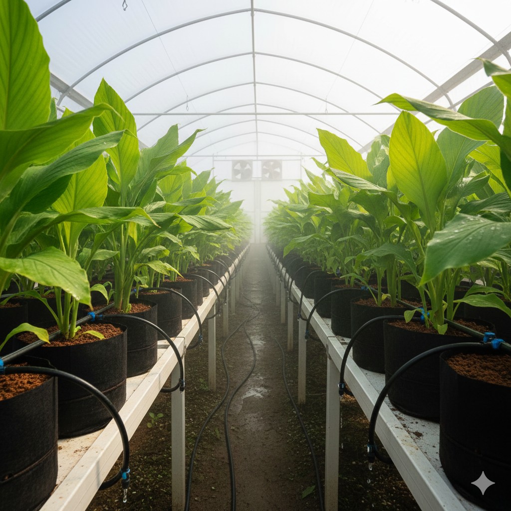 Healthy Lakadong turmeric plants under polyhouse with good drainage and aeration