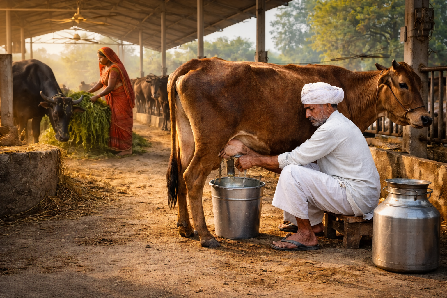Rural Dairy Farmer Milking Cow in Hygienic Setup