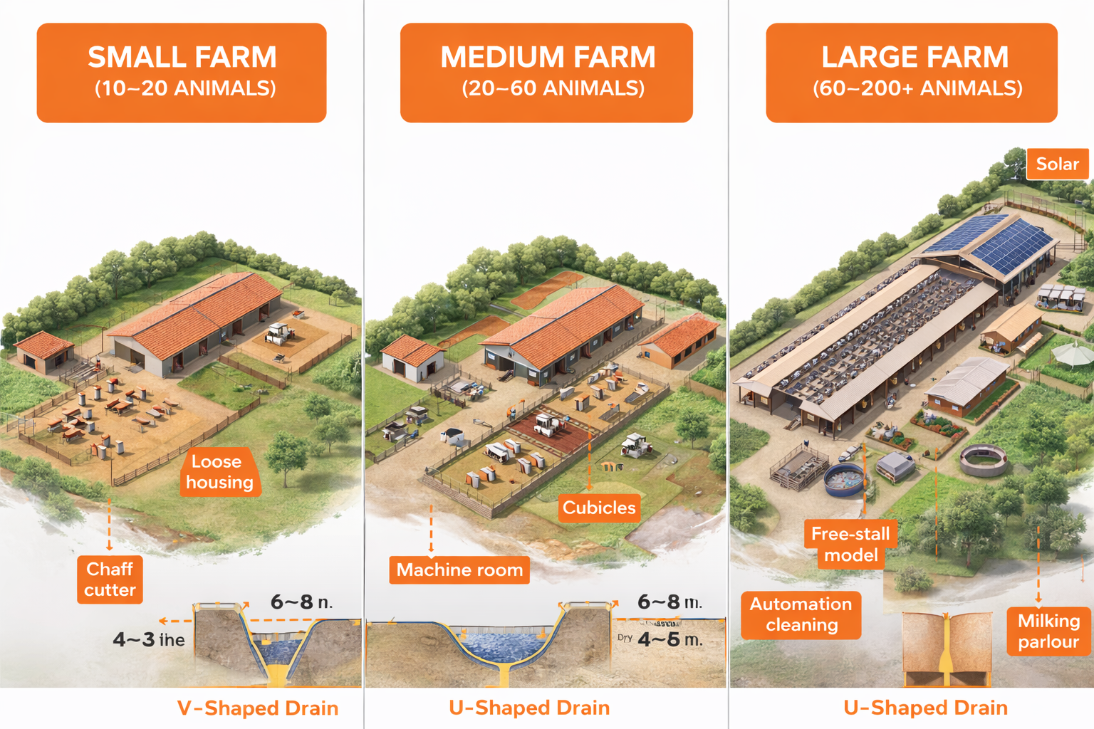 Small, Medium, and Large Dairy Farm Layout Comparison